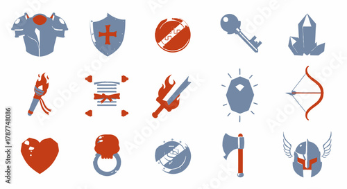 Collection of fantasy game icons with armor, weapons, and accessories for game development and design