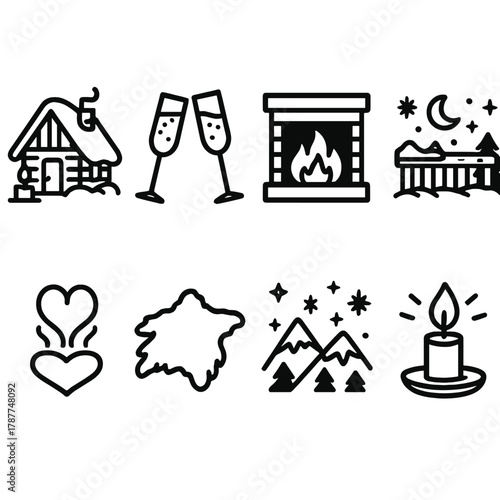 Romantic Mountain Retreat. Romantic Winter Escape outline icon set: candlelit cabin, champagne glasses, fireplace, snowy balcony, heart-shaped steam, fur rug, mountain stars, soft