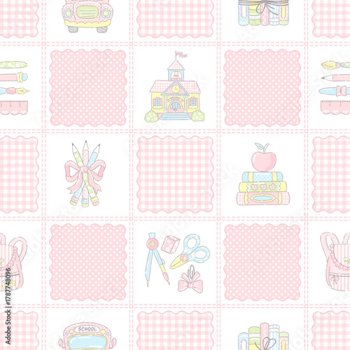 Grand millennial School Seamless Pattern. Pastel Gingham Patchwork with Vintage School Elements and Bows
