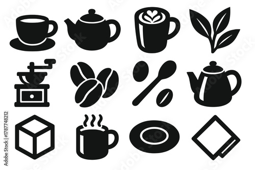 Brutalist Beverage Icons. Tea & Coffee Houses bold vector icon set: espresso cup, teapot, latte art, tea leaves, grinder, coffee beans, spoon, kettle, sugar cube, mug with steam,