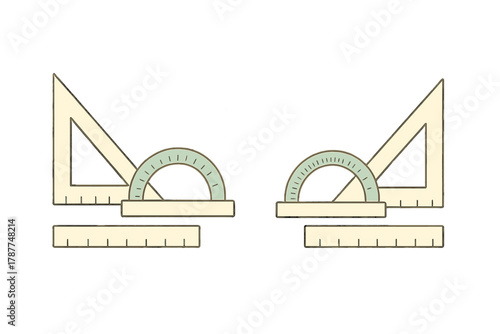Collection of drafting instruments: set squares, protractor, and ruler
