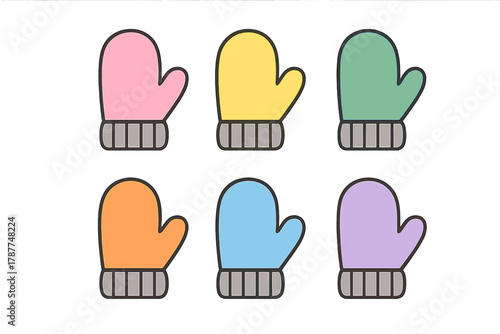 Six colorful winter hand mittens icons with thick outlines