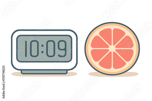 Digital clock display beside grapefruit slice icon
