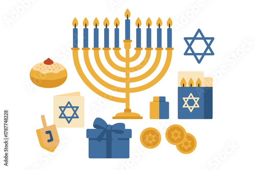 Set of colorful icons for the Jewish holiday of Hanukkah celebration