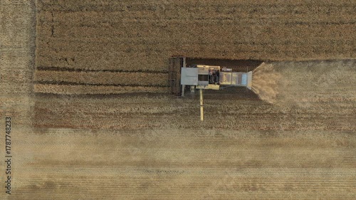 Above view dolly move forwards behind of agricultural, obsolete, old fashioned rusty yellow combine, harvester as he cutting, harvesting mature wheat on farm fields. Harvest time, season