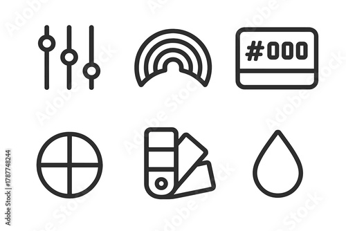 Modern Color Icons. Modern Palette Icons outline icon set: RGB sliders, spectrum arc, hex code card, tone circle, swatch tile, droplet.