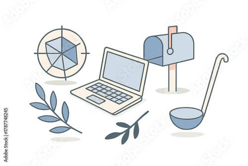Set of digital and household line art objects with data visualization elements