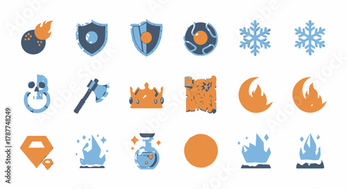 A diverse collection of stylized fantasy game icons, featuring elemental powers, magical items, weaponry, and treasure symbols in a retro digital art style, ideal for UI and asset design