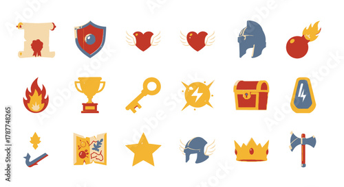Collection of Fantasy Game Icons Featuring Magic, Treasure and Swords