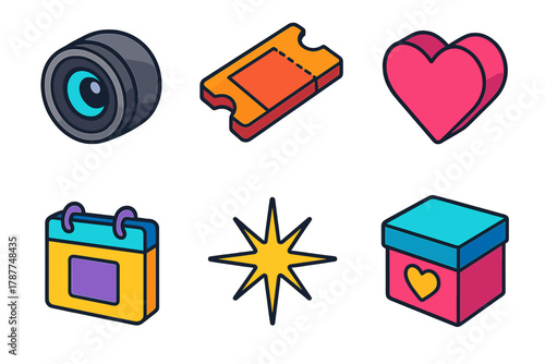 Vibrant Icon Highlights. Captured 2025 Highlights modern flat icon set: camera lens, ticket stub, heart, date tag, light burst, keepsake box.