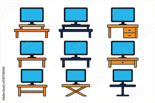 Various computer monitors displayed on different television and desk stands