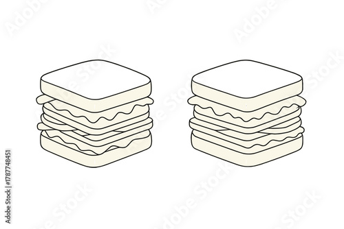 Two isometric layered sandwiches with white bread and filling
