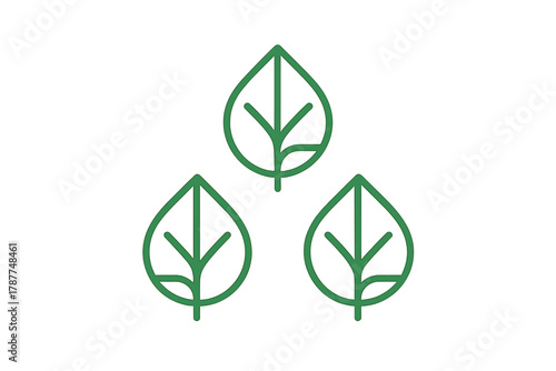 Three simple green outline leaves arranged in a triangle formation