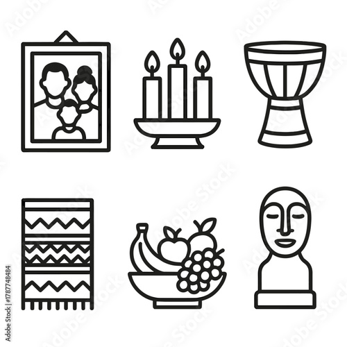 Cultural Tribute Display. Cultural Tribute Display outline icon set: family photo, candle trio, unity cup, heritage cloth, drum, fruit plate, carved statue, peaceful glow.
