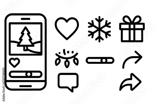 Festive Social Icons. Interactive Holiday Posts outline icon set: phone screen with post, heart like, snowflake icon, gift box, poll slider, comment icon, festive lights, share