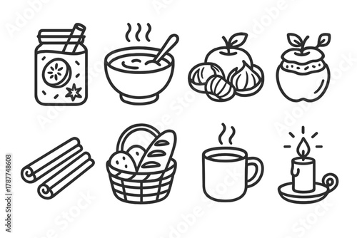 Cozy Autumn Icons. Seasonal Warmth outline icon set: spiced cider, creamy soup, roasted chestnuts, baked apples, cinnamon sticks, bread basket, hot drink, glowing candle.
