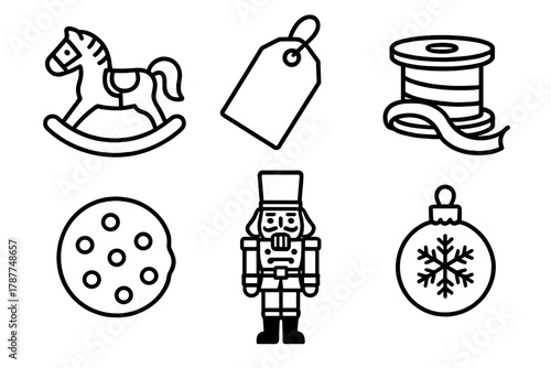Holiday Toy Icons. Holiday Toy Shop outline icon set: rocking horse, gift tag, nutcracker, ribbon spool, cookie, ornament.