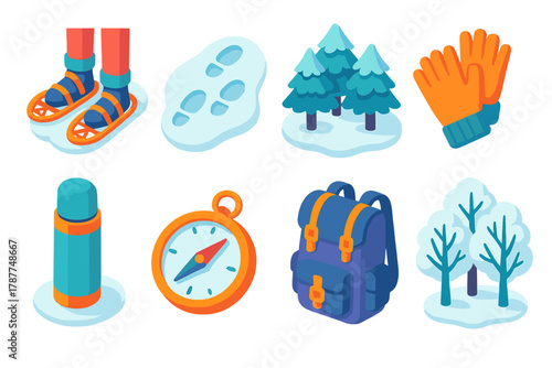 Winter Adventure Icons. Snowy Adventure modern flat icon set: snowshoes on feet, footprints in snow, winter forest, gloves, thermos, compass, backpack gear, frosted trees.