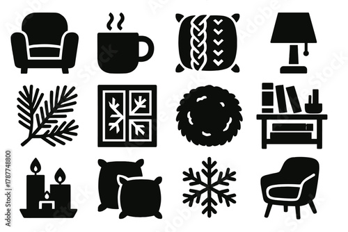 Cozy Winter Icons. Winter Home Interior bold vector icon set: armchair, hot cocoa mug, knit pillow, lamp, pine branches, window frost, soft rug, bookshelf, candles, cushions,