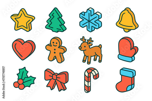 Festive Icon Cutters. Festive Shapes modern flat icon set: star cutter, tree cutter, snowflake cutter, bell cutter, heart cutter, gingerbread man, reindeer, mitten, holly leaf, bow