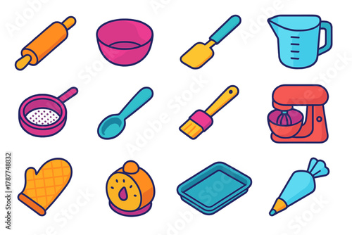 Colorful Baking Tools Icons. Baking Tools modern flat icon set: rolling pin, mixing bowl, spatula, measuring cup, sieve, spoon, pastry brush, stand mixer, oven mitt, timer, tray,