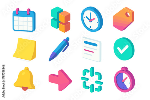Time-Block Icon Set. Time-Block Planning modern flat icon set: calendar grid, hour blocks, clock, color tag, sticky note, pen, task card, checkmark, reminder bell, arrow, focus