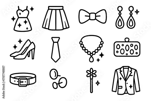 Festive Fashion Icons. Festive Fashion Icons outline icon set: sparkly dress, metallic skirt, tuxedo bow, crystal earrings, glimmering shoes, satin tie, rhinestone necklace, clutch
