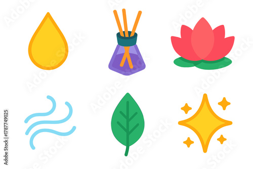 Aromatherapy Essentials Icons. Relaxing Scents modern flat icon set: oil drop, reed diffuser, lotus flower, mist, herbal leaf, glow.