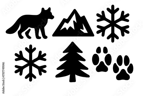 Northern Wildlife Icons. Northern Wildlife bold vector icon set: arctic fox silhouette, mountain, frost crystal, snowflake, pine, tracks.