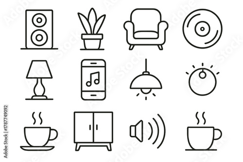 Cozy Home Sound. Home Listening outline icon set: speaker on shelf, potted plant nearby, cozy chair, vinyl record, warm lamp, music app on screen, soft lighting, volume dial, cup