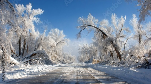 Frozen winter road after an ice storm causing tree damage and treacherous natural conditions with ice covered branches and snow