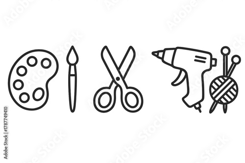 Line icons set of crafting and hobby tools: palette, brush, scissors, glue gun, and yarn