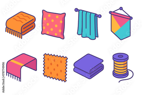 Home Decor Icons. Home Textile Decor modern flat icon set: throw blanket, cushion cover, curtain fabric, wall tapestry, bed runner, fabric sample, folded cloth, thread reel.