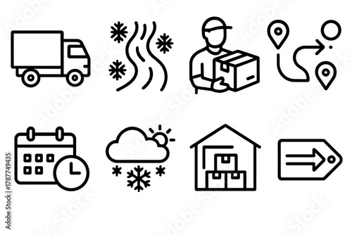 Winter Delivery Icons. Seasonal Logistics outline icon set: cargo truck, icy path, parcel delivery, route arrows, calendar clock, weather condition symbol, storage area, dispatch