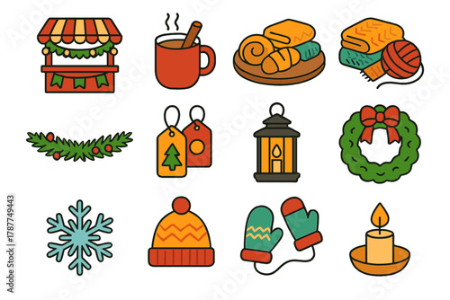 Cozy Market Stalls. Cozy Market Stalls Set modern flat icon set: decorated booth, hot cider, pastries, knitted goods, pine garland, gift tags, lantern, wreath, snowflake, wool hat,