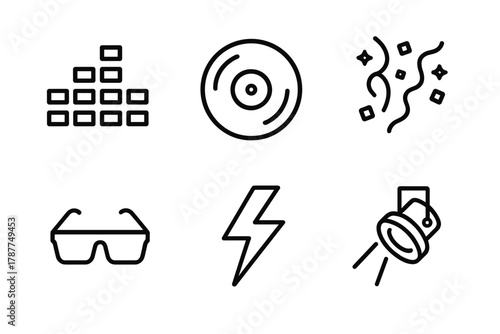 Party Icons. Party Rhythm outline icon set: equalizer bars, vinyl disc, confetti, sunglasses, lightning bolt, spotlight.