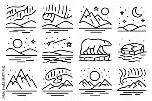 Arctic Night Wonders. Arctic Night Sky outline icon set: northern lights, snow-covered hills, frozen sea, stars, shooting star, polar bear, ice floe, mountain ridge, night glow,