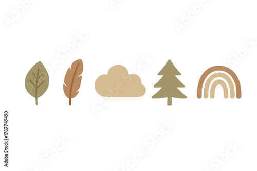 Boho style natural elements including leaf feather cloud tree and rainbow