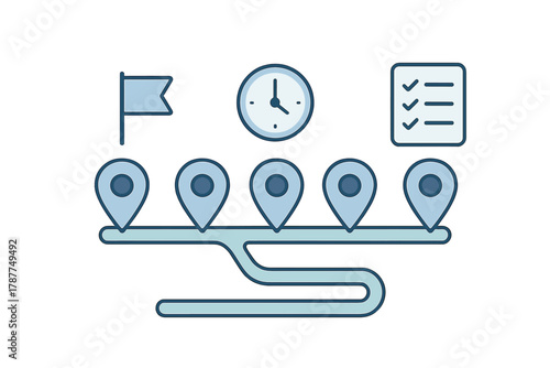 Route planning timeline with location pins clock and task checklist icons