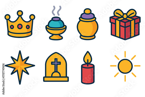 Three Kings Icon Set. Three Kings Feast modern flat icon set: golden crown, frankincense, myrrh jar, gift box, guiding star, church altar, candle flame, holy light.
