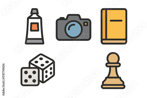 Assortment of hobby and leisure objects icons for creative pursuits