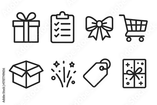 Festive Gift Icons. Gift Guide Design outline icon set: gift box, checklist clipboard, ribbon bow, shopping cart, open parcel, confetti spark, tag label, festive wrapping.
