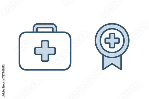 Medical first aid kit and healthcare award ribbon icons collection