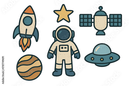 Stylized icons for space exploration featuring astronaut, rocket, and celestial bodies