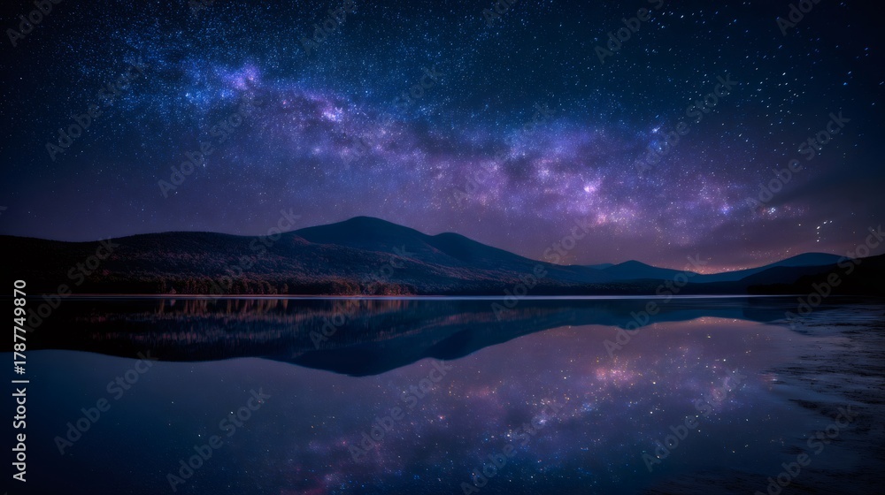 Obraz premium Milky Way galaxy arching over a tranquil mountain lake, reflecting brilliant stars and cosmic light at night
