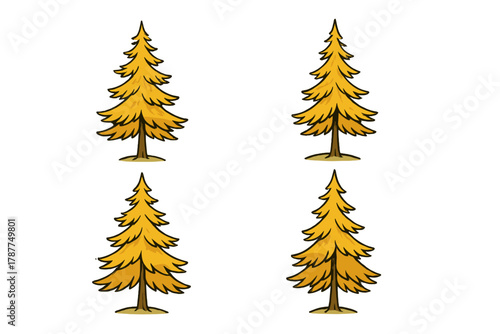 Four stylized autumn pine trees with vibrant yellow foliage