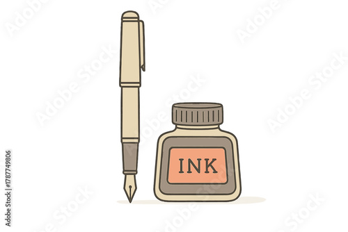 Fountain pen and ink bottle writing tools isolated on white background