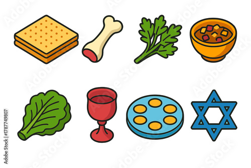Passover Icons Collection. Symbolic Passover Items modern flat icon set: matzah, shank bone, bitter herbs, haroset bowl, lettuce leaf, wine cup, seder plate, star of David.