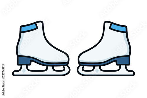 Pair of white figure skates with blue accents isolated on white background