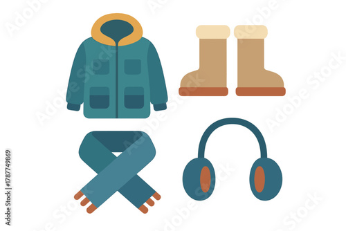 Set of warm winter clothing accessories icons including parka, boots, scarf, and earmuffs